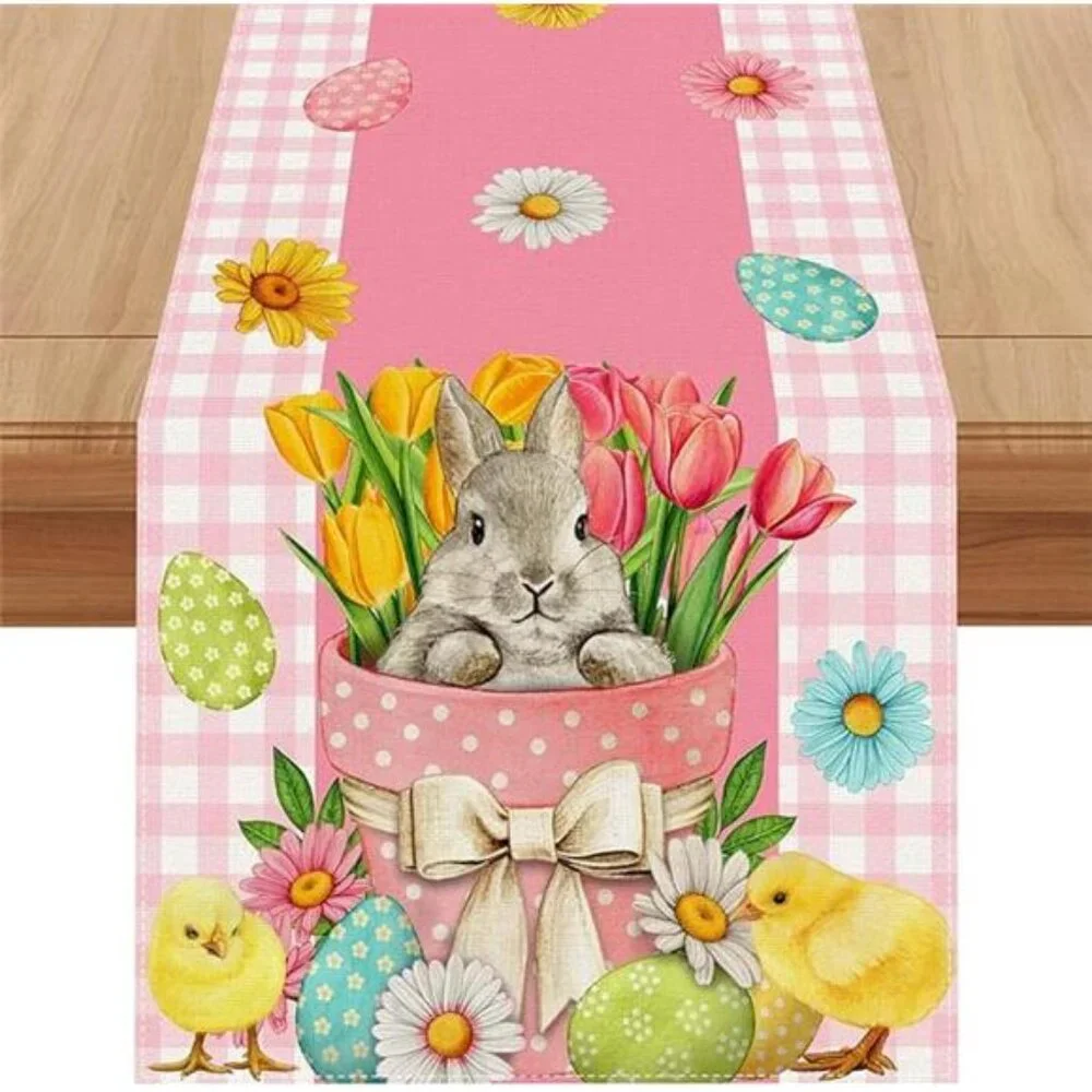 Linen Pink and White Buffalo Check Plaid Easter Table Runner 72 Inches Long